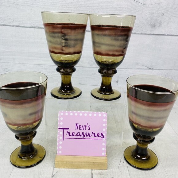 Libbey NOVA BROWN Rust Gray Rings Brown Glass 7" Water Goblet Glasses Set of 4